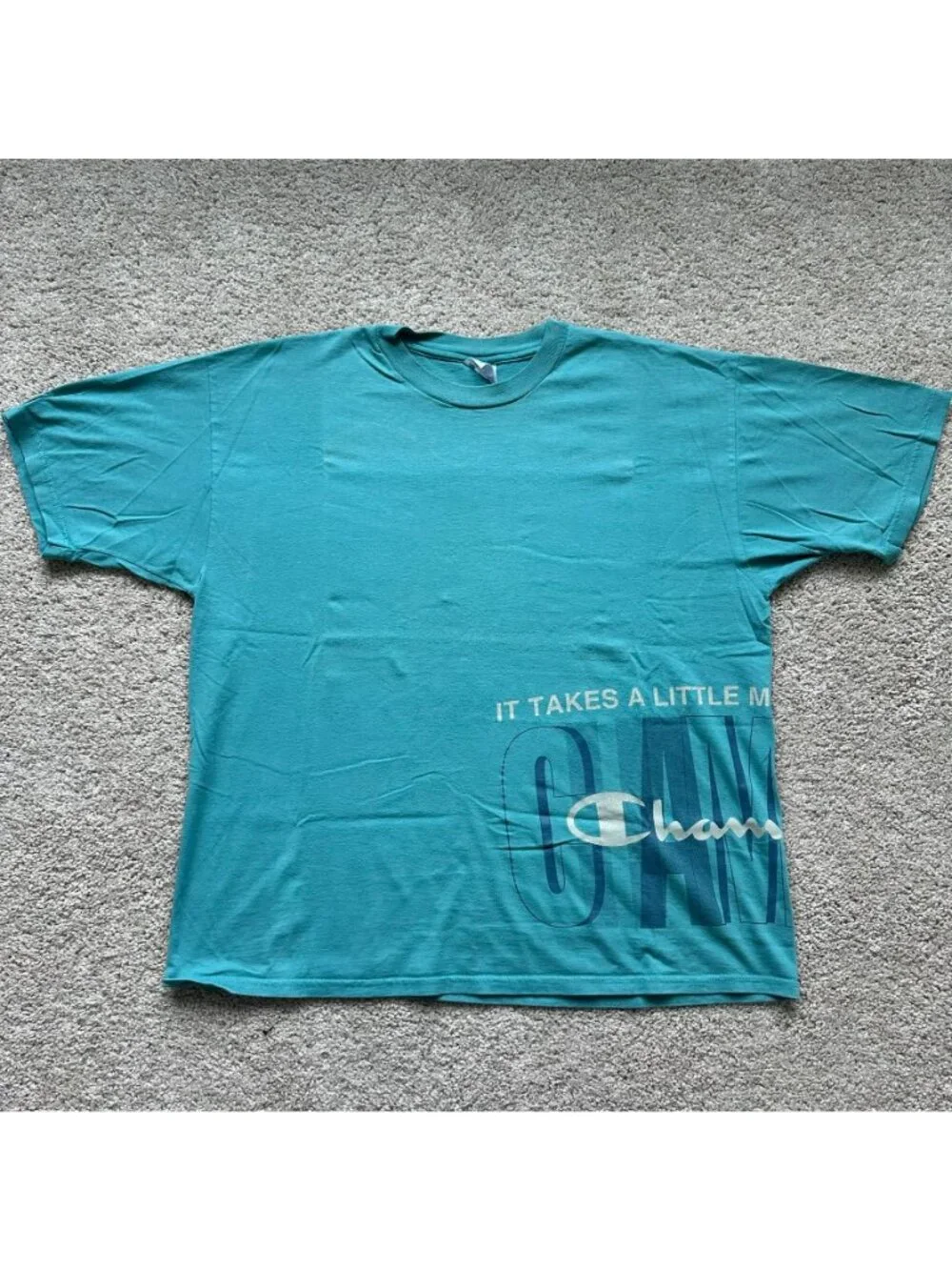 Vintage 90s Champion Logo Big Print T-Shirt Turquoise Blue XL Sporty Athletic - Picture 3 of 6